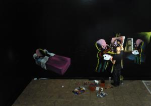 Fresque La Civilisation Moya : Patrick Moya travaillant au Centre d’art La Malmaison, avril 2011
© Olivier Calvel